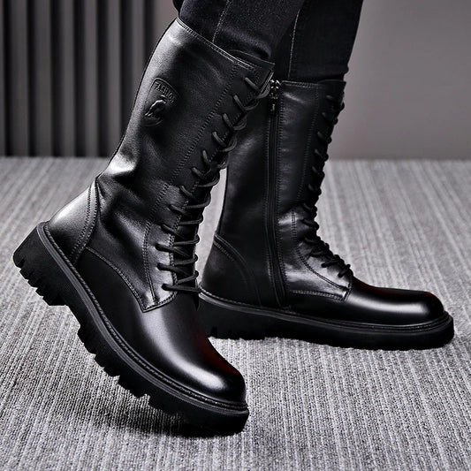 Men's Riding Winter Boots , Genuine Leather Lace Up Extra Long Mongolian High  Knight Ankle Boots@ghoddosh.com
