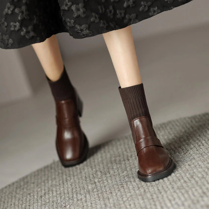 Retro Cow Split Leather Chelsea Boots — Square Toe, Platform Block Heel - Ghoddosh