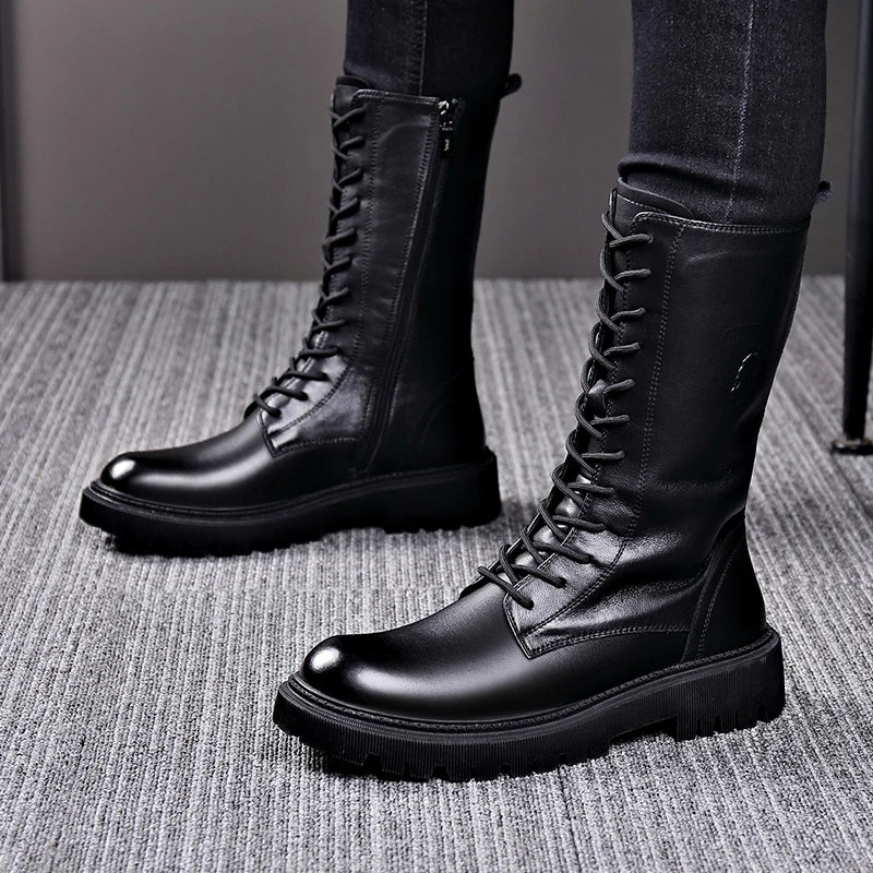 Men's Riding Winter Boots , Genuine Leather Lace Up Extra Long Mongolian High  Knight Ankle Boots@ghoddosh.com