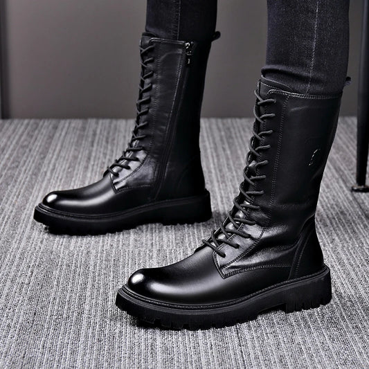 Men's Riding Winter Boots , Genuine Leather Lace Up Extra Long Mongolian High  Knight Ankle Boots@ghoddosh.com