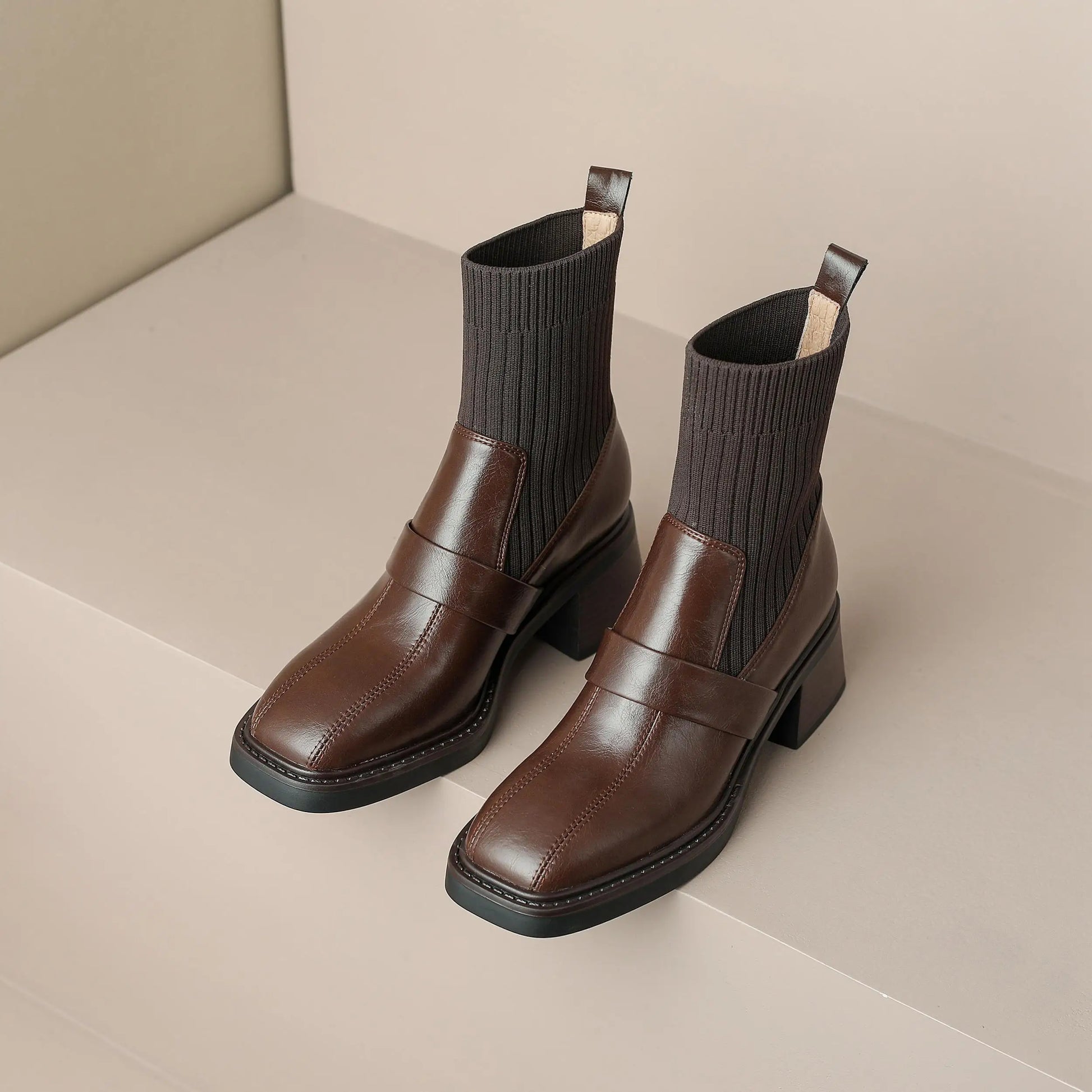 Retro Cow Split Leather Chelsea Boots — Square Toe, Platform Block Heel - Ghoddosh