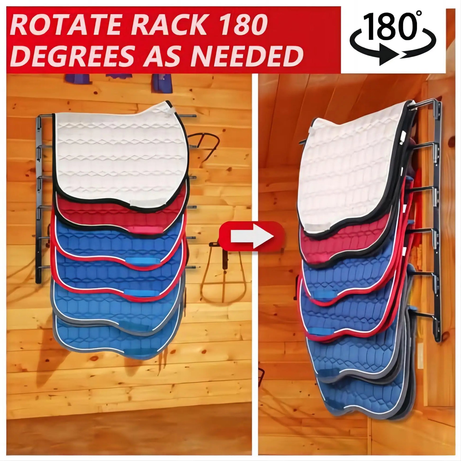 Saddle Pad Rack 6 Bar Wall of  Horse Blanket Holder -180 Degree Swivel with Extra Long Arms . Ghoddosh 