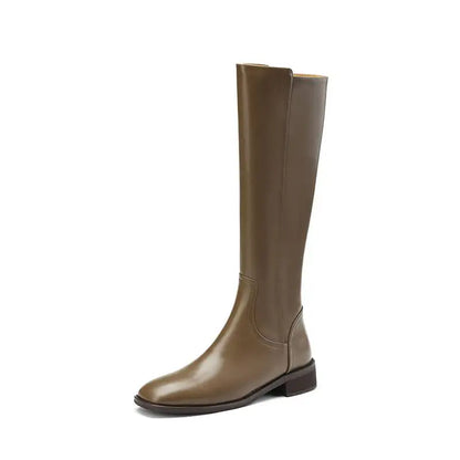 Cow Leather Square Toe Thick Med Heels  Equestrian Boots -ghoddosh.com