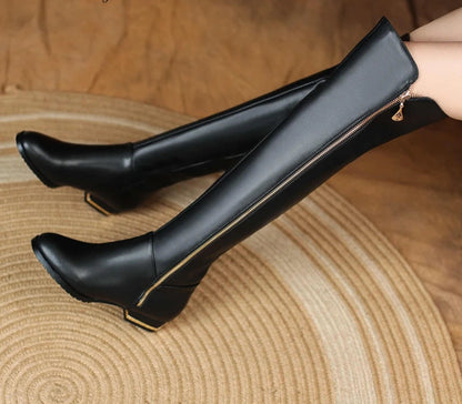 New Vintage Cow Leather Round Toe Chunky Heel  Over-the-knee Long Boots - Ghoddosh