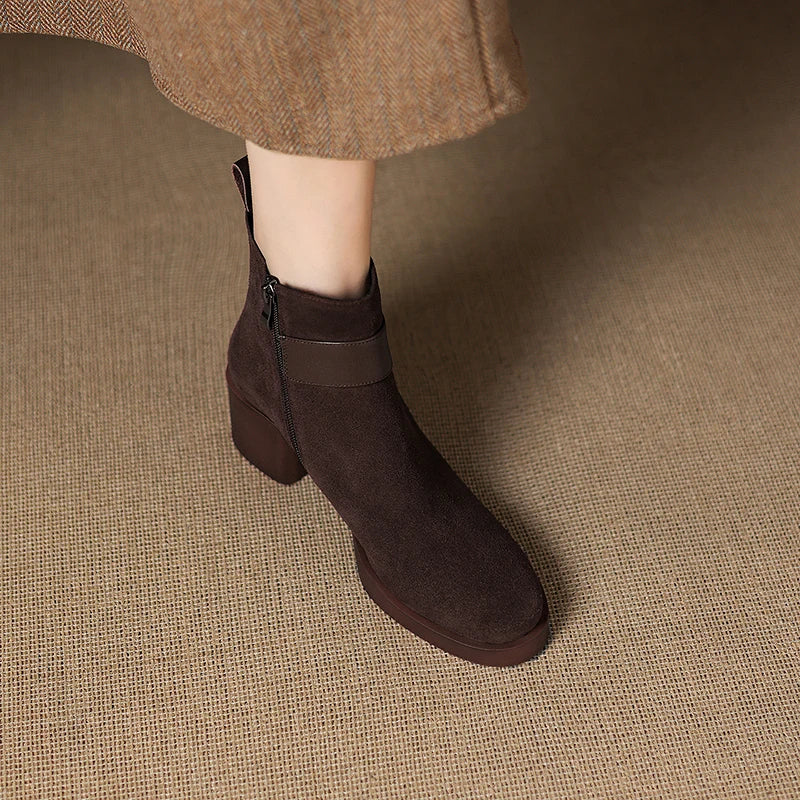 New  Women Genuine Leather  Chelsea Boots - Square  Heels Short Ankle Boots - ghoddosh.com