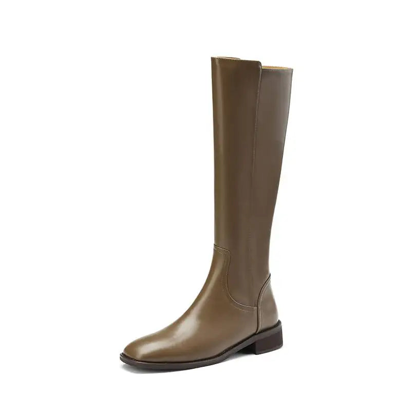 Cow Leather Square Toe Thick Med Heels  Equestrian Boots - ghoddosh.com