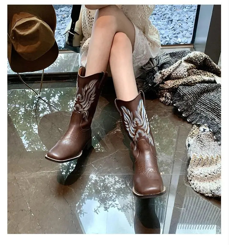 Embroidered brown cowboy boots — square toe and chunky mid-calf heel. - Ghoddosh