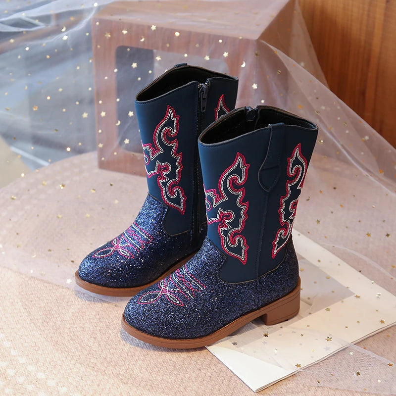 Kids Embroidered Western Cowboy Boots – Unisex Tall Pull-On Cowgirl Boots for Boys and Girls @ ghoddosh.com