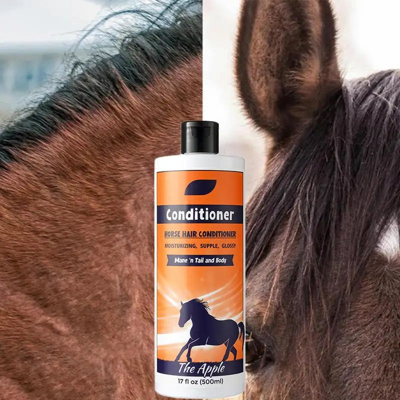Two bottles  500 ml of horse shampoo and conditioner with orange labels and black horses on a white background.  @ ghoddosh.com