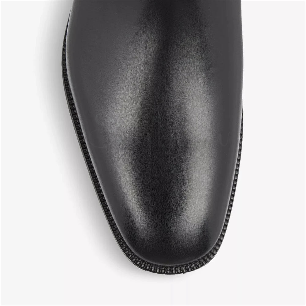 Men's Black Patent Leather Stretch Boots  Almond Toe Slip-On - Ghoddosh