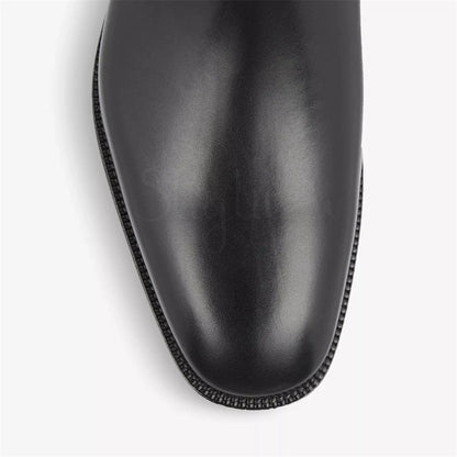 Men's Black Patent Leather Stretch Boots  Almond Toe Slip-On - Ghoddosh