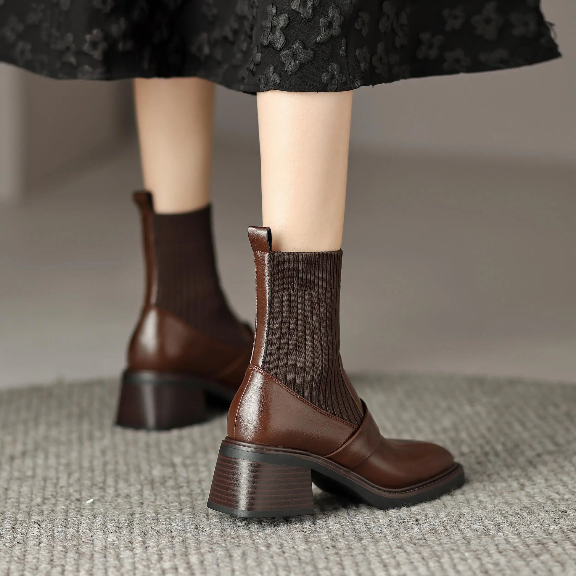 Retro Cow Split Leather Chelsea Boots — Square Toe, Platform Block Heel - Ghoddosh