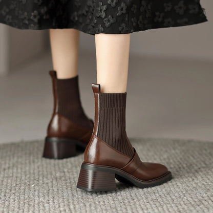 Retro Cow Split Leather Chelsea Boots — Square Toe, Platform Block Heel - Ghoddosh