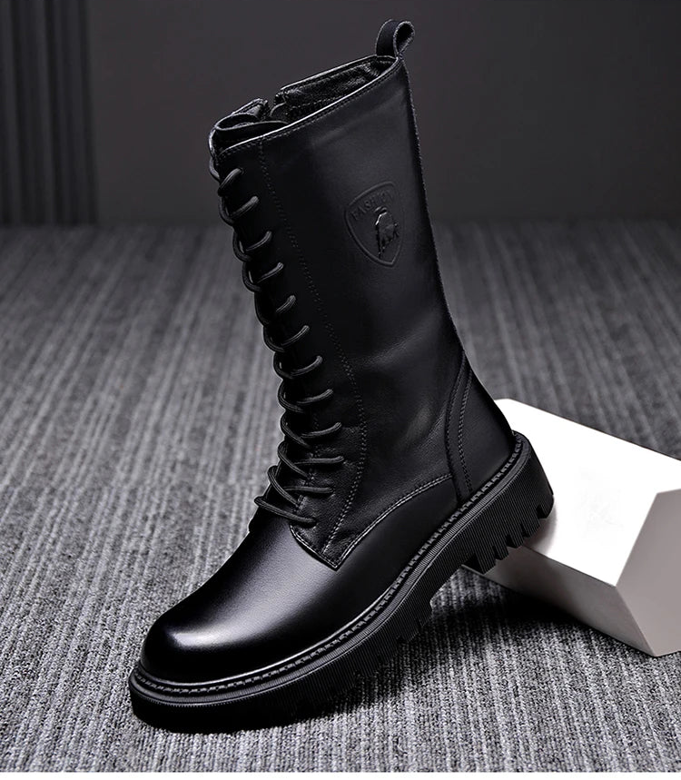 Men's Riding Winter Boots , Genuine Leather Lace Up Extra Long Mongolian High  Knight Ankle Boots@ghoddosh.com