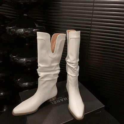 2026 New Cow Leather Round Toe Low Heels Winter Warm Riding Knee Boots  - ghoddosh.com