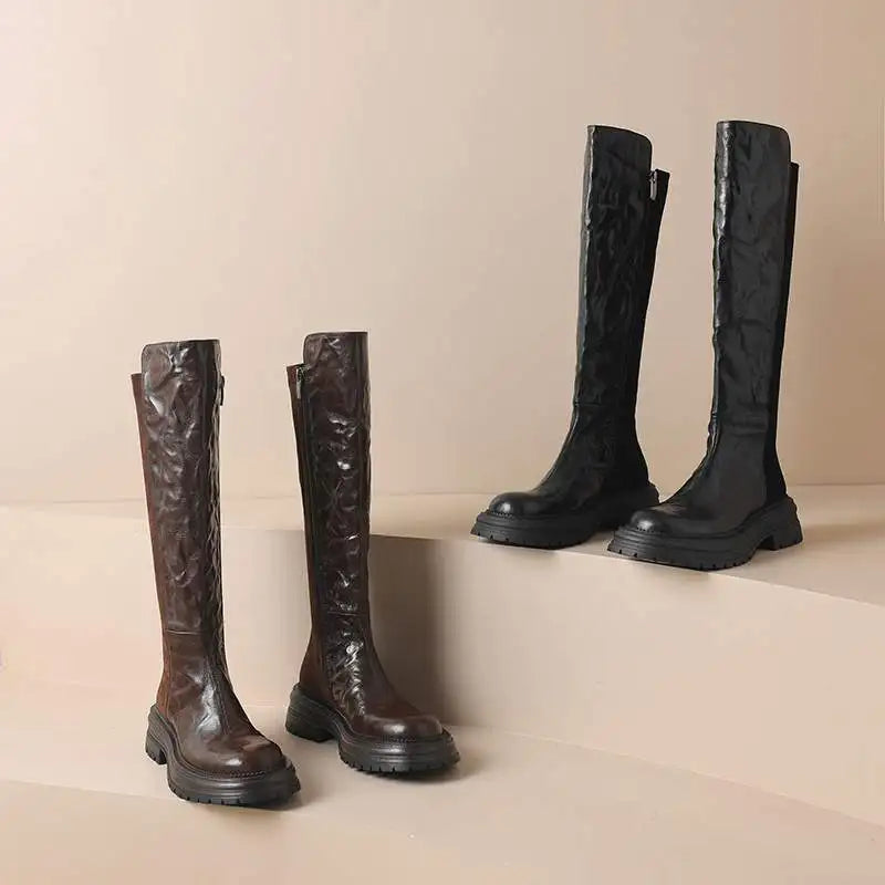 Vintage Sheep Leather Round Toe Winter  Equestrian Boots   Med Heels Slip On Platform Punk Thigh High Boots - Ghoddosh