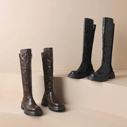 Vintage Sheep Leather Round Toe Winter  Equestrian Boots   Med Heels Slip On Platform Punk Thigh High Boots - Ghoddosh