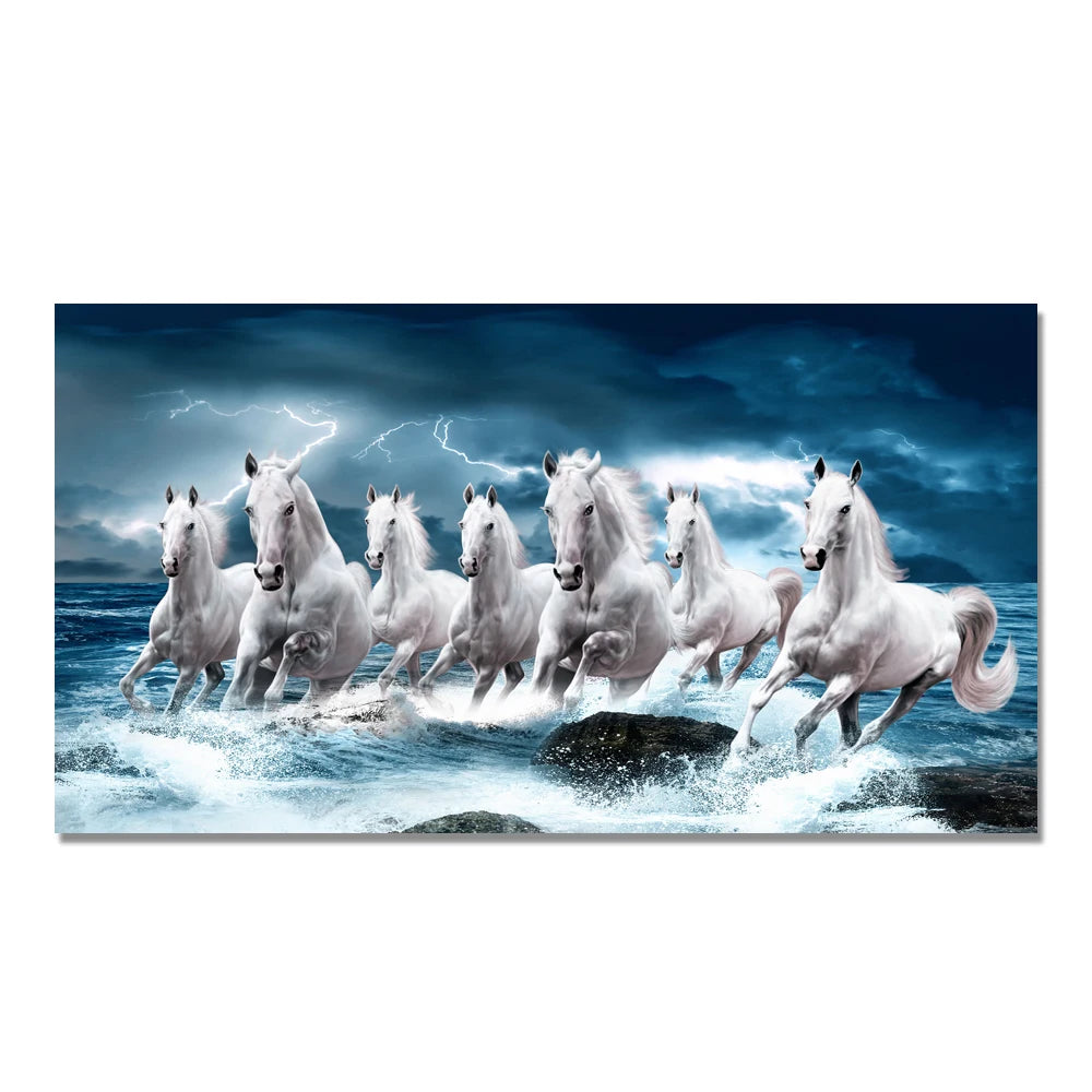 7 White Running Horses Canvas