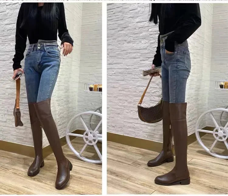Women  Brown Leather over The Knee High Boots  @ ghoddosh.com