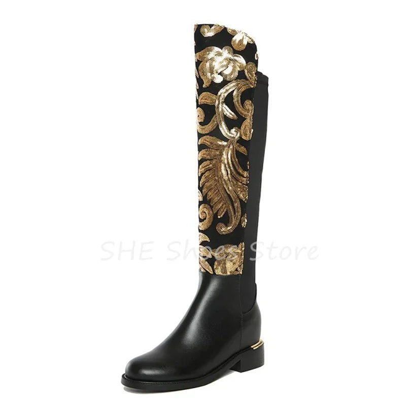 Luxury  Golden Embroidery Women Knee High Boots - Chunky Heel Leather  Round Toe Long Boots @ ghoddosh.com