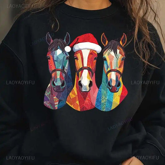 Christmas Western Cowboy Colored Drawing Horse Lover  Thermal Hoodie@ghoddosh.com
