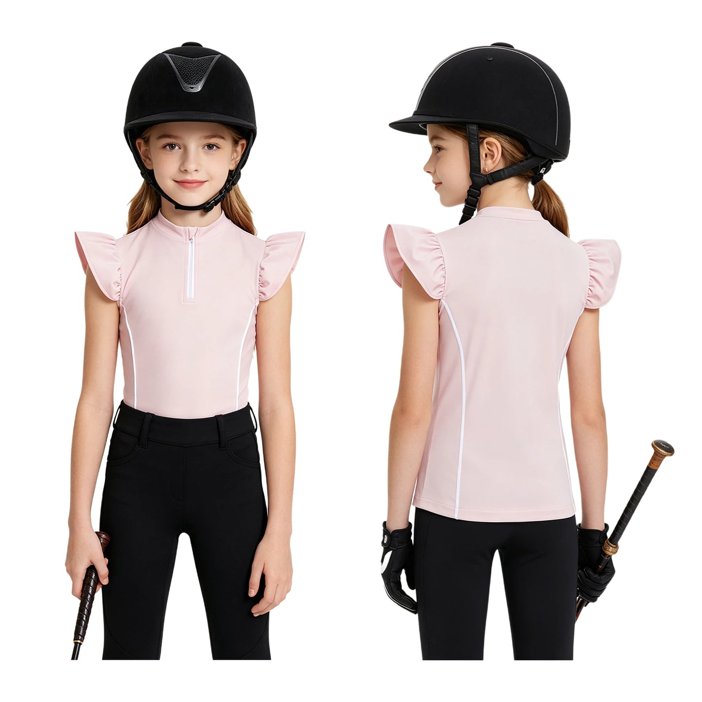 Girls Equestrian Quarter-Zip  Shirt | Kids Ruffled Sleeve Quick-Dry Horse Riding Top @ ghoddosh.com