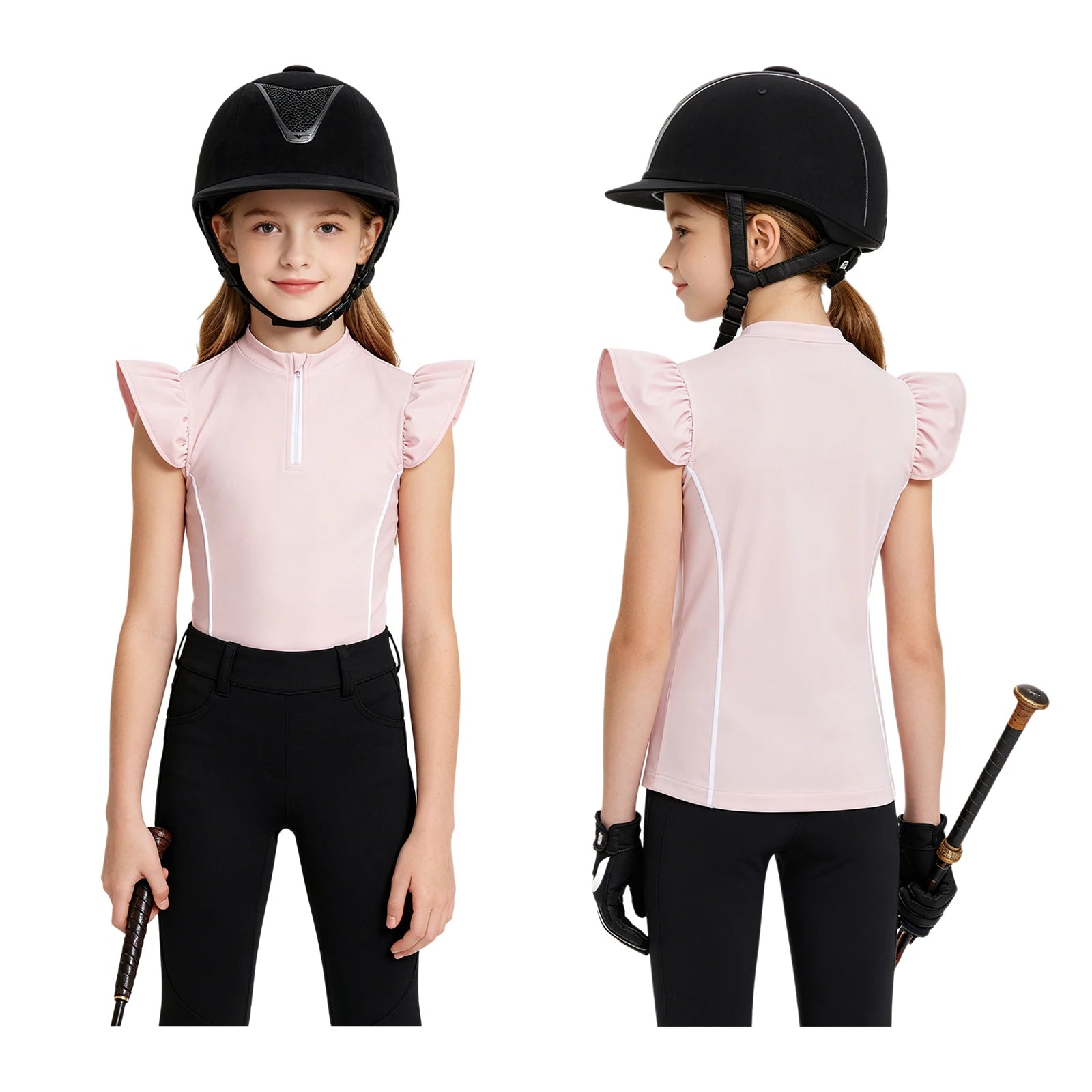 Girls Equestrian Quarter-Zip  Shirt | Kids Ruffled Sleeve Quick-Dry Horse Riding Top @ ghoddosh.com