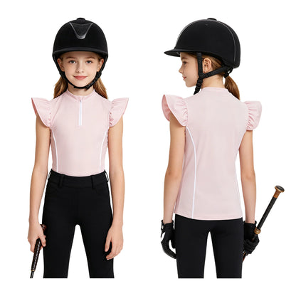 Girls Equestrian Quarter-Zip  Shirt | Kids Ruffled Sleeve Quick-Dry Horse Riding Top @ ghoddosh.com
