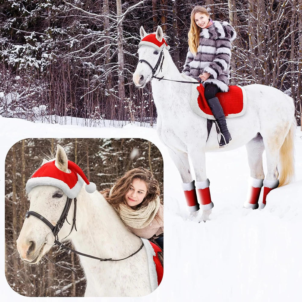 6Pcs Christmas Santa Red Horse Hat & Leg Wraps & Horse Saddle Santa Hat Leg Wraps Western Saddle Pad for Christmas Horses Décor @ghoddosh.com