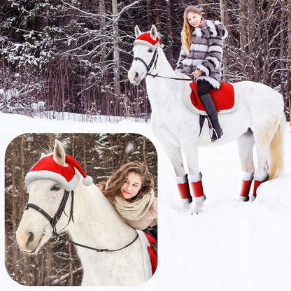 6Pcs Christmas Santa Red Horse Hat & Leg Wraps & Horse Saddle Santa Hat Leg Wraps Western Saddle Pad for Christmas Horses Décor @ghoddosh.com