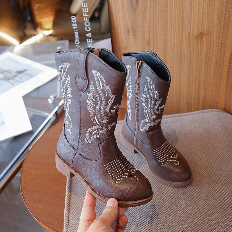 Kids Embroidered Western Cowboy Boots – Unisex Tall Pull-On Cowgirl Boots for Boys and Girls @ ghoddosh.com