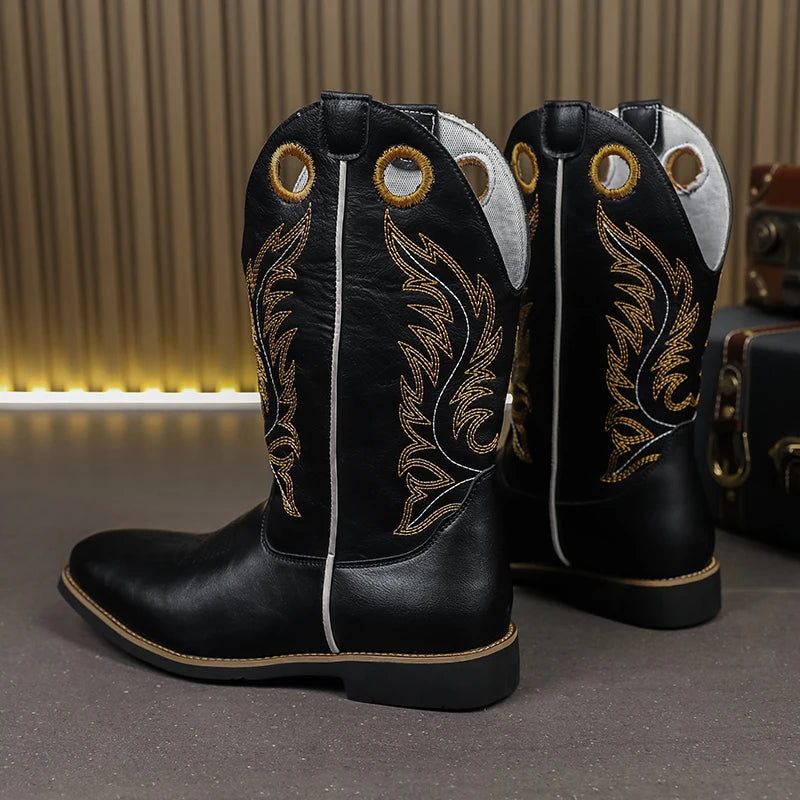Men’s Knight High-Top  , Square Heels Embroidered Western Cowboy Boots - Ghoddosh