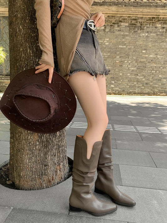 2026 New Cow Leather Round Toe Low Heels Winter Warm Riding Knee Boots  - ghoddosh.com