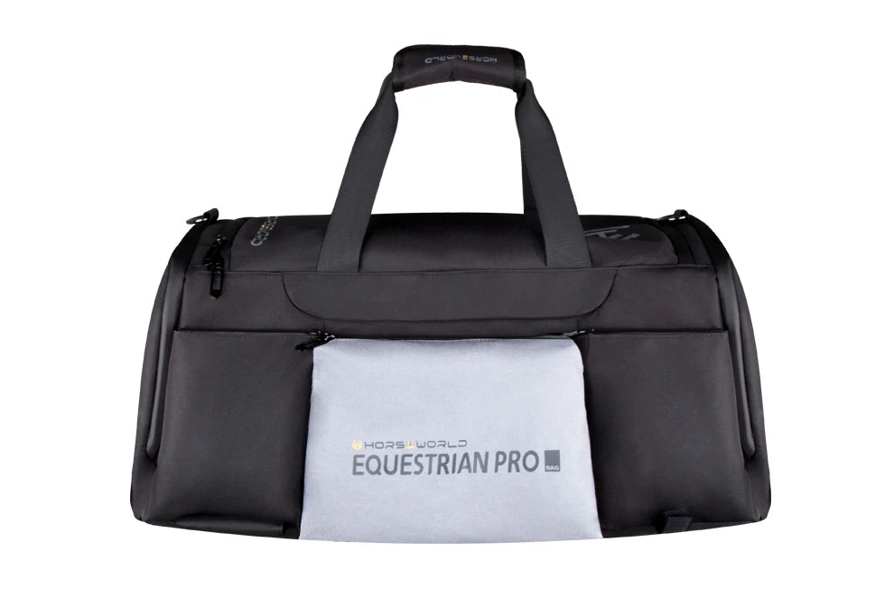 2-in-1 Riding Gear Bag: Convertible Backpack/Crossbody with Individual Pockets for Boots, Helmet & Whip