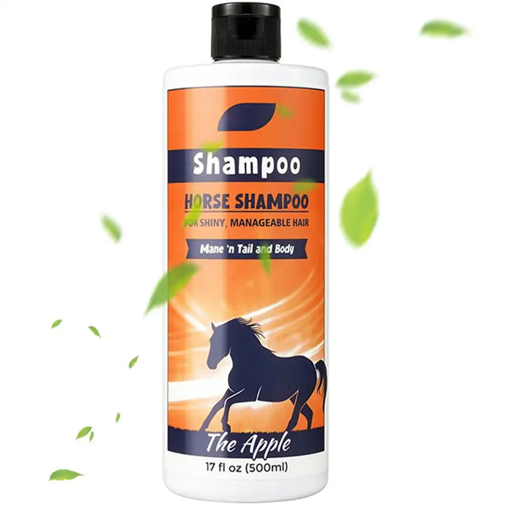   500 ml of horse shampoo and conditioner with orange labels and black horses on a white background.  @ ghoddosh.com