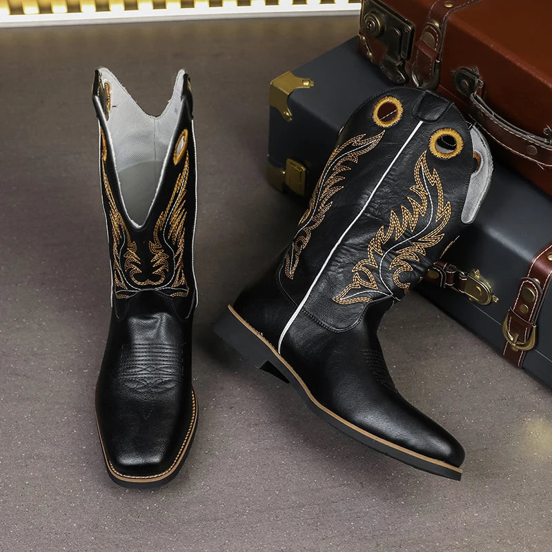 Men’s Knight High-Top  , Square Heels Embroidered Western Cowboy Boots - Ghoddosh