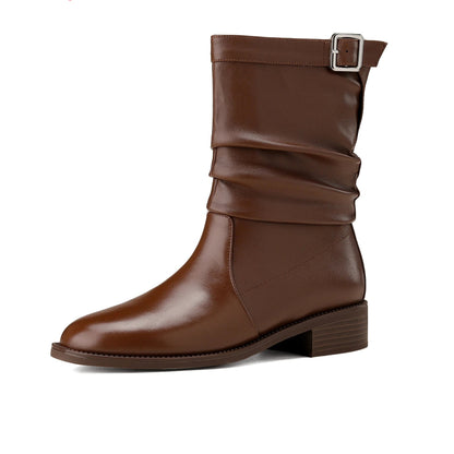 Cow Skin Med Heels Retro Pleated Western  Ankle Boots with Belt Buckle - Ghoddosh