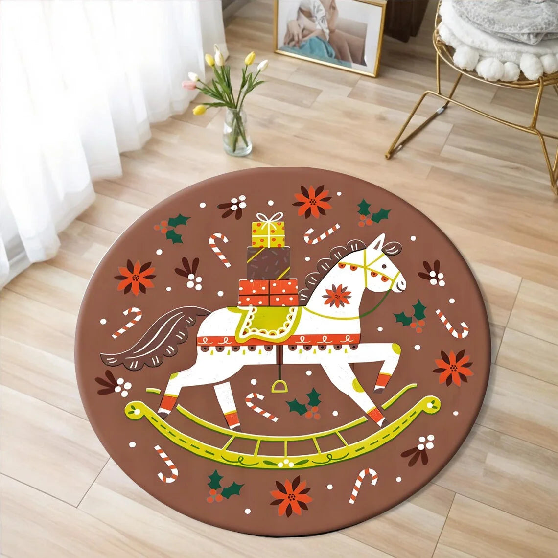 Christmas Horse Printed Circle Carpet - Round  Kids Non-slip Floor Rug @ghoddosh.com
