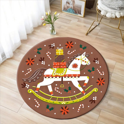 Christmas Horse Printed Circle Carpet - Round  Kids Non-slip Floor Rug @ghoddosh.com