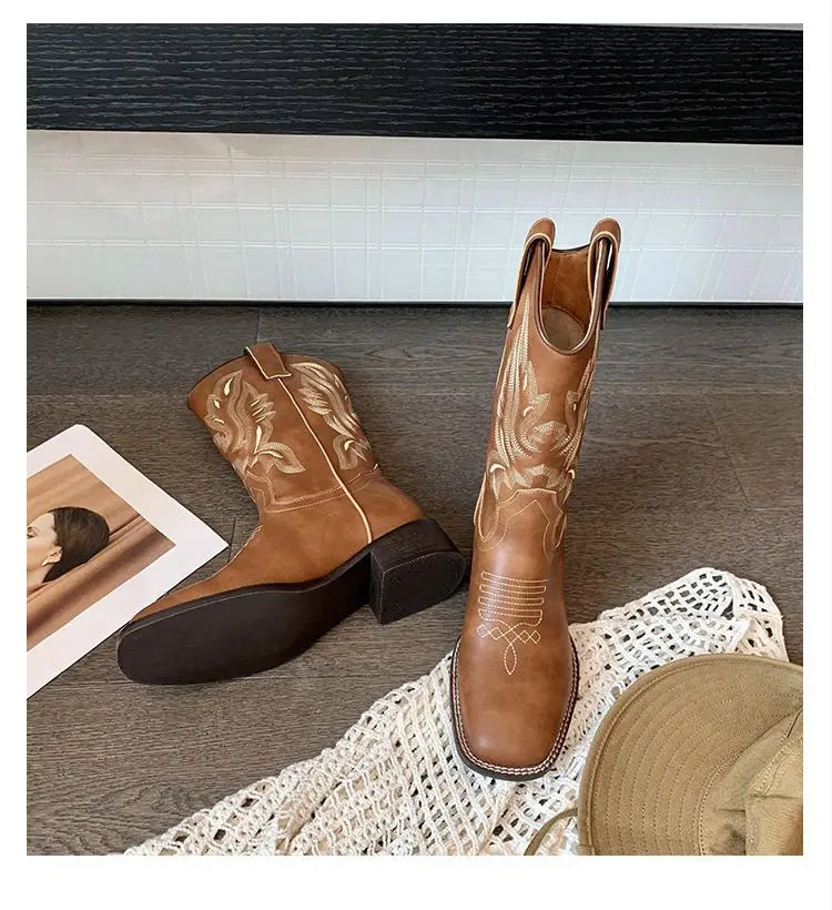 Embroidered brown cowboy boots — square toe and chunky mid-calf heel. - Ghoddosh