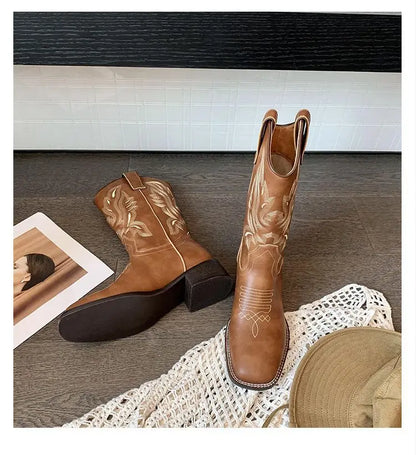 Embroidered brown cowboy boots — square toe and chunky mid-calf heel. - Ghoddosh