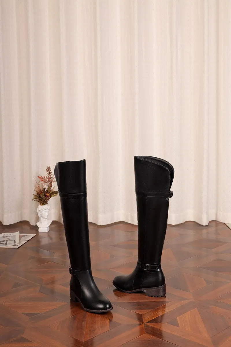 Women's Round Toe Chunky Block Heel Thigh-High Riding Boots with Belt Buckles @ ghoddosh.com