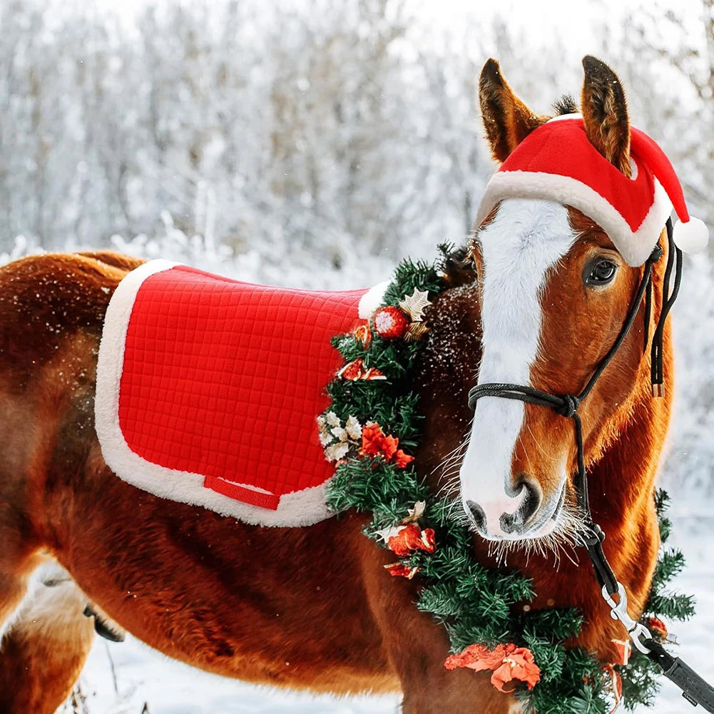 6Pcs Christmas Santa Red Horse Hat & Leg Wraps & Horse Saddle Santa Hat Leg Wraps Western Saddle Pad for Christmas Horses Décor @ghoddosh.com
