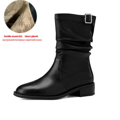 Cow Skin Med Heels Retro Pleated Western  Ankle Boots with Belt Buckle - Ghoddosh