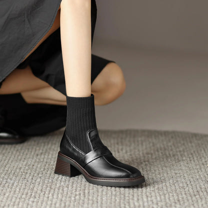 Retro Cow Split Leather Chelsea Boots — Square Toe, Platform Block Heel - Ghoddosh