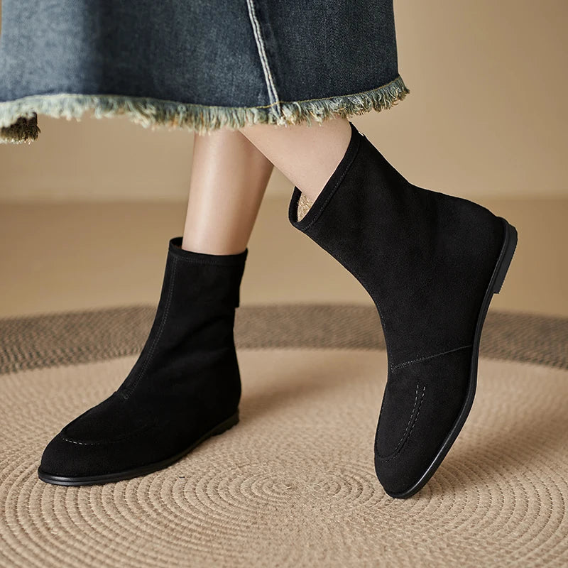 2026 NEW Autumn Women Suede Leather Boots - Round Toe , Low Heel  , Slip-on Chelsea Boots - ghoddosh.com