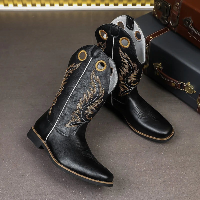 Men’s Knight High-Top  , Square Heels Embroidered Western Cowboy Boots - Ghoddosh