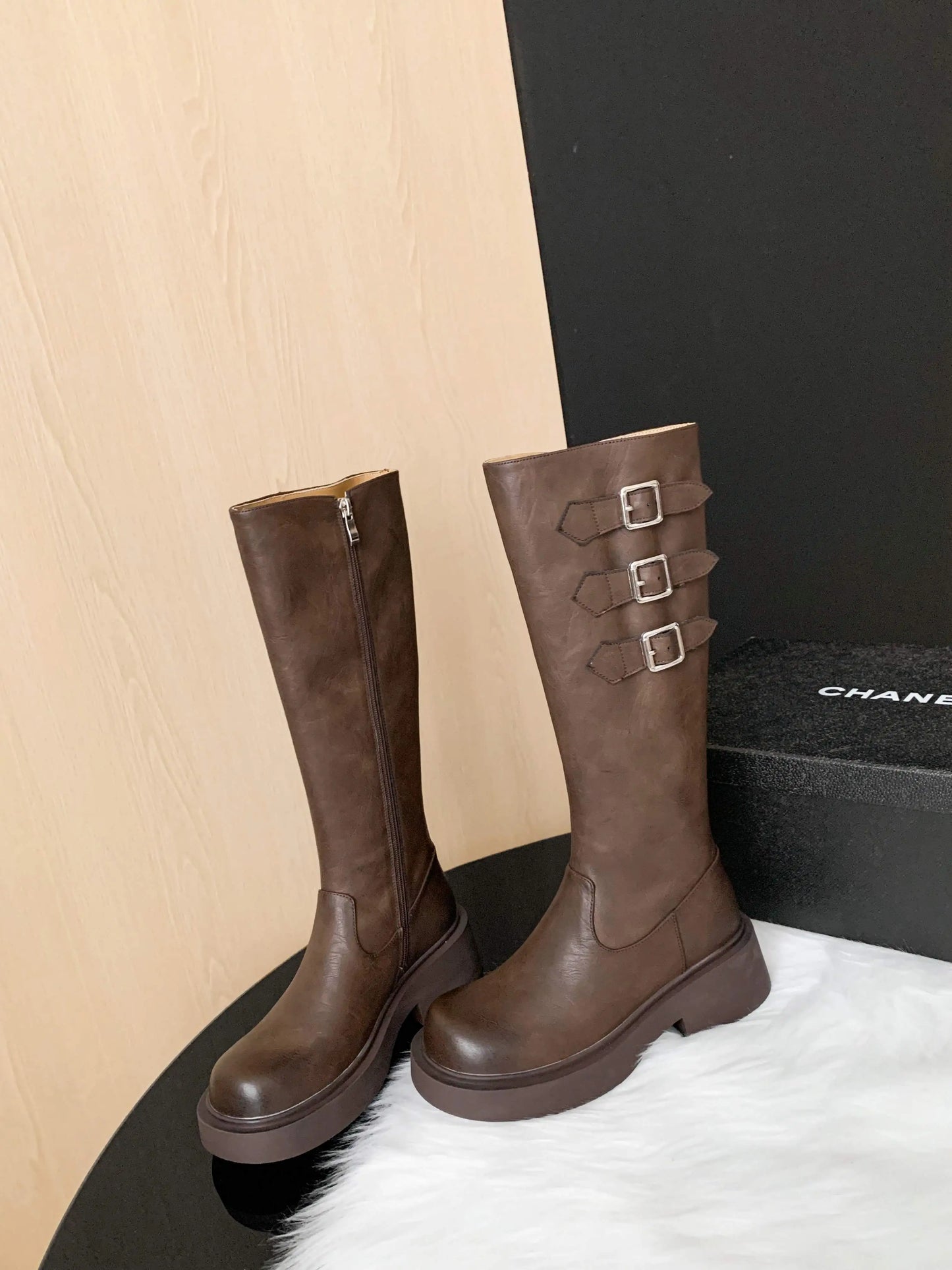 Cowhide Leather Knee-High Riding Boots — Women’s Warm Winter Heels with Belt Buckle - Ghoddosh