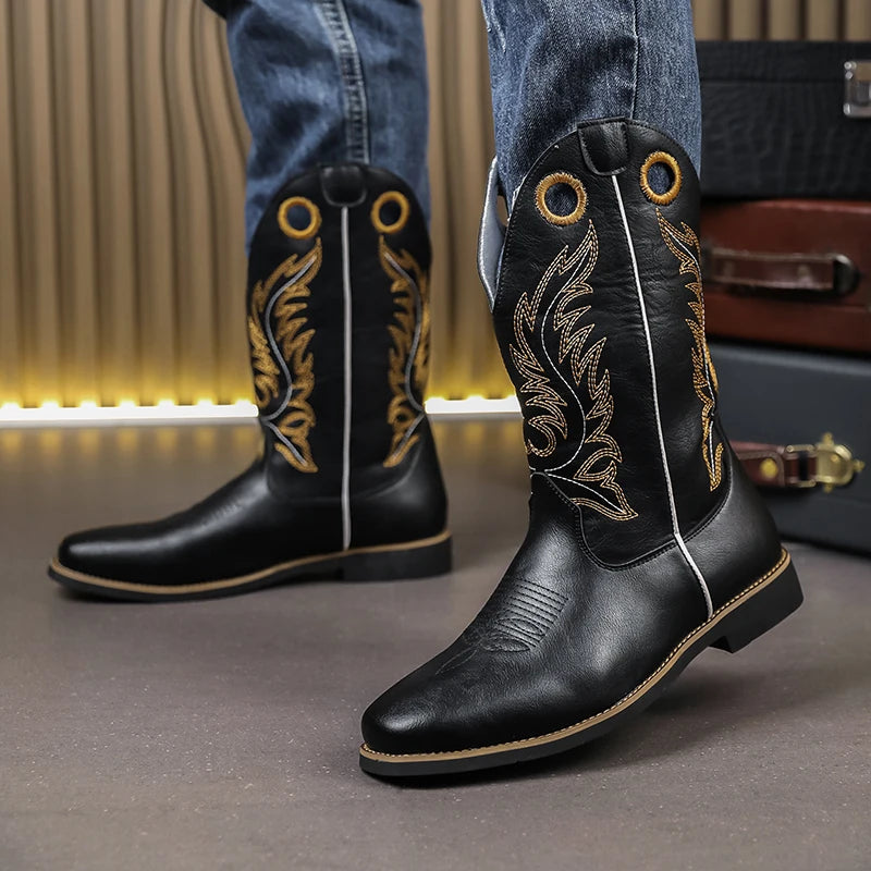 Men’s Knight High-Top  , Square Heels Embroidered Western Cowboy Boots - Ghoddosh
