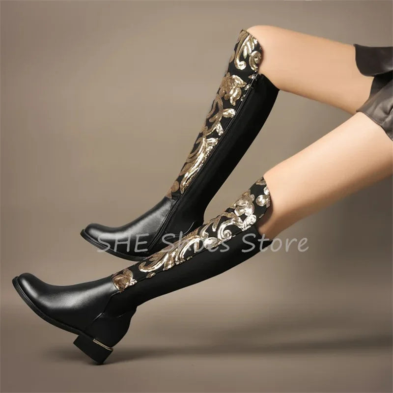 Luxury  Golden Embroidery Women Knee High Boots - Chunky Heel Leather  Round Toe Long Boots @ ghoddosh.com